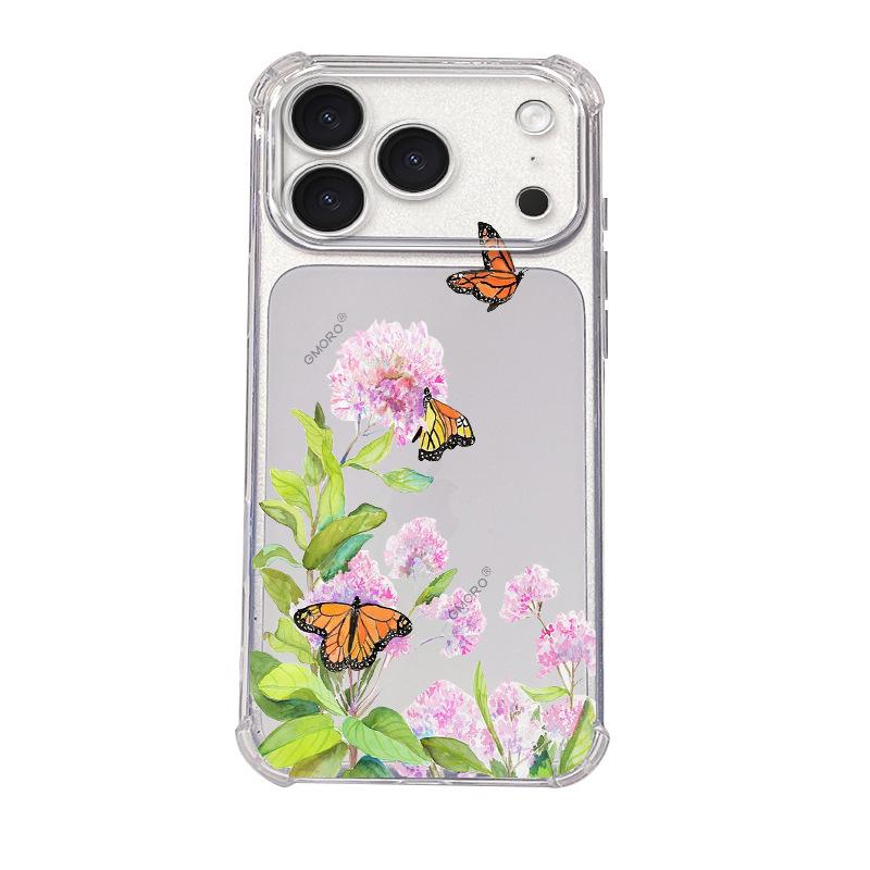 Pink butterfly mobile phone case Apple 15pro four corners anti-drop TPU transparent soft case iPhone17 light and advanced sense