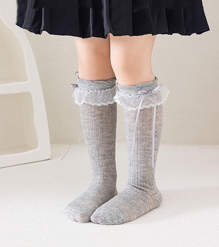 Children Sweet Bow Lace Socks Summer Thin Breathable Mesh Mid-calf Socks For Girls Fashion Ballet Style Solid Kids Calf Socks