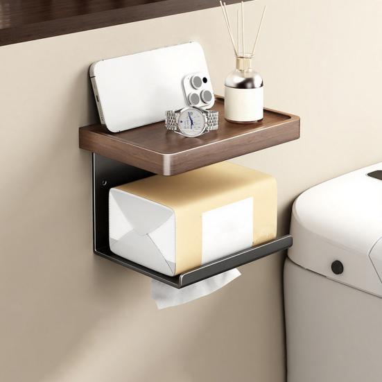Wall Storage Rack Strong Load-Bearing Wall-Mounted Organizer with Rounded Paper Outlet Smooth Pull-Out Multifunctional Wood Metal Bathroom Shelf