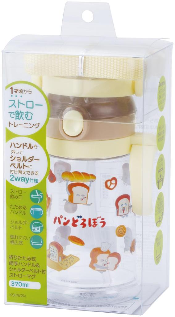 Skater Baby Straw Mug with Folding Handle and Shoulder for Ages Bread Thief Design Strap, 2-Way Design, 370ml, 1+, (KSHW2N-A)