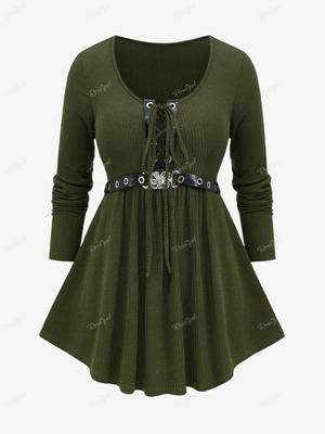 Rosegal Plus Size Schnür-PU-Träger Schnalle Öse Gerippter strukturierter gerüschter einfarbiger Strickpullover mit langen Ärmeln