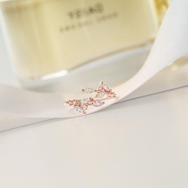 Green Leaf Zircon Open Ring - Trendy Korean & Japanese Style Jewelry