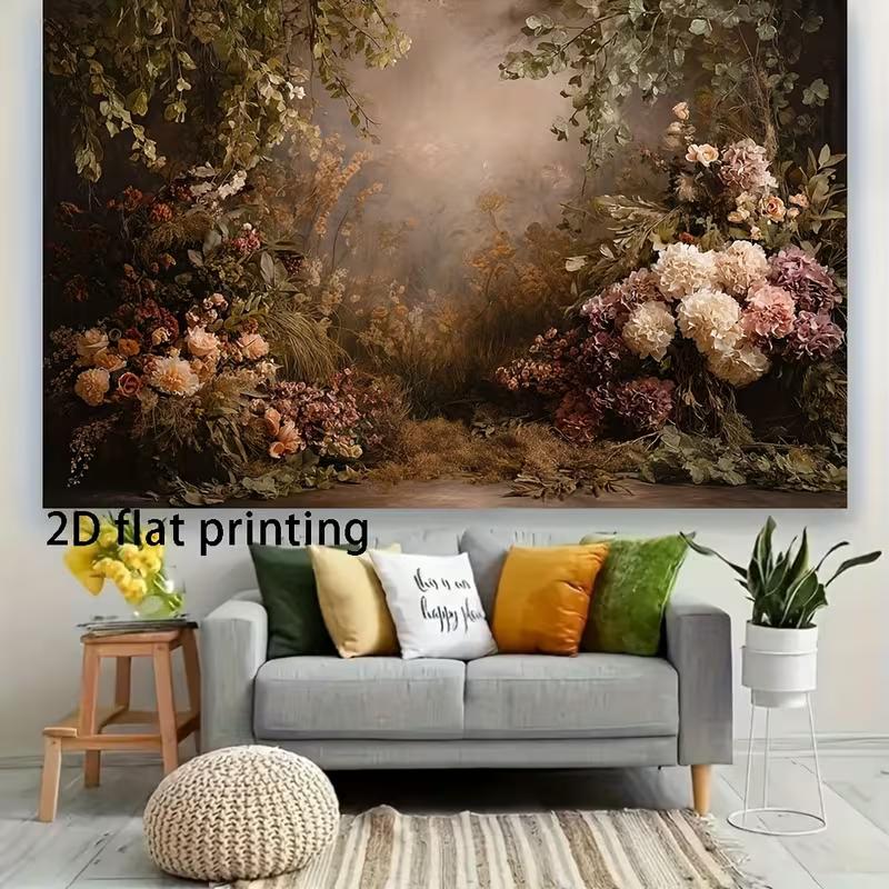 Dark Romantic Floral Garden Backdrop, Vintage Oil Painting Style Flower Arch Background Cloth for Wedding, Engagement, Creative Photography