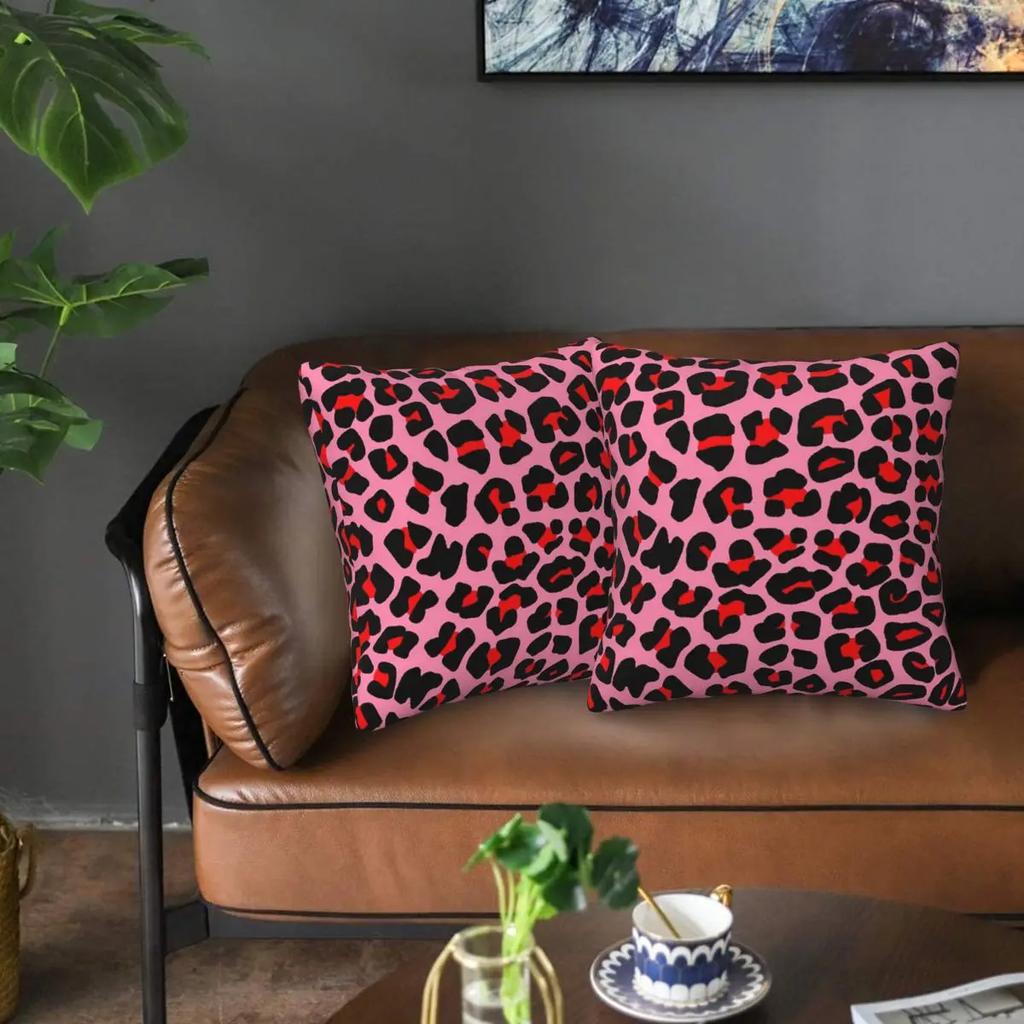 Red Leopard Print Spots On Pink 2 Pcs Square Pillowcase Pillow Cover Cushion Decor Comfort Throw Pillow For Home Bedroom