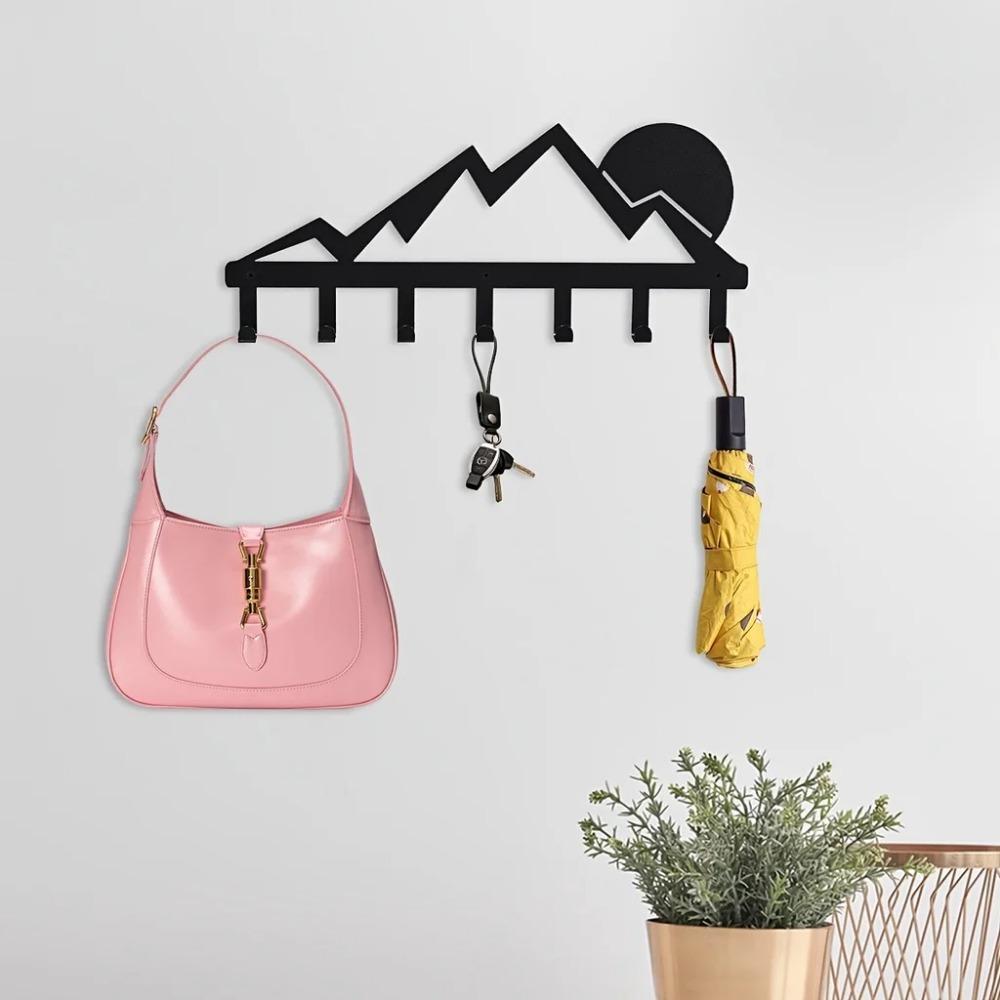 Mountain Metal Key Holder with 7 Hooks - Sunset Scenery Black Iron Wall Mounted Decorative Rack