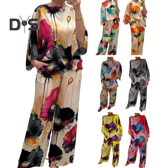2 Pcs/Set Women Top Pants Set Bright Color Floral Print Three Quarter Bat Sleeves O Neck T-shirt Wide Leg Deep Crotch Elastic Waist Loose Casual