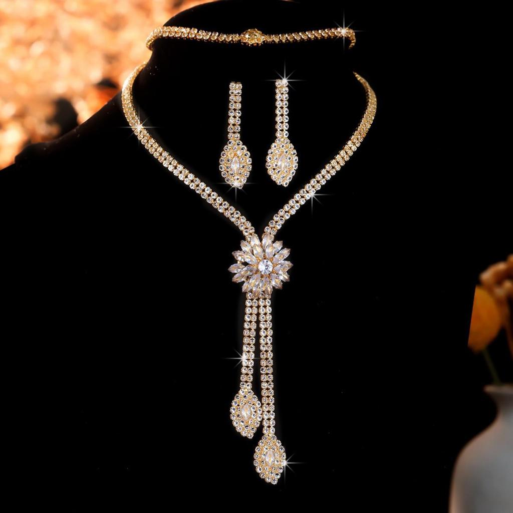 Gold Diamond Zirconia Necklace, Earring & Bracelet Set - Bridal Evening Jewelry
