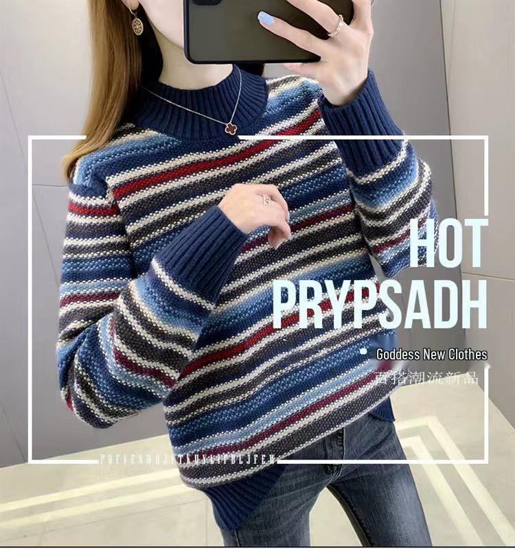 Women's 2023 Striped Wool Knit Sweater - Half-High Neck, Long Sleeve, Slim Fit, Thick for Autumn/Winter