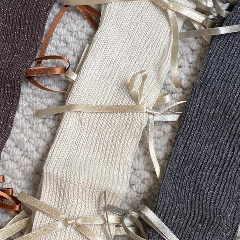 Japanese Style Shimmering Rib Knitted Middle Tube Calf Socks for Women Girls Cute Ribbon Bowknot Long Socks Stockings