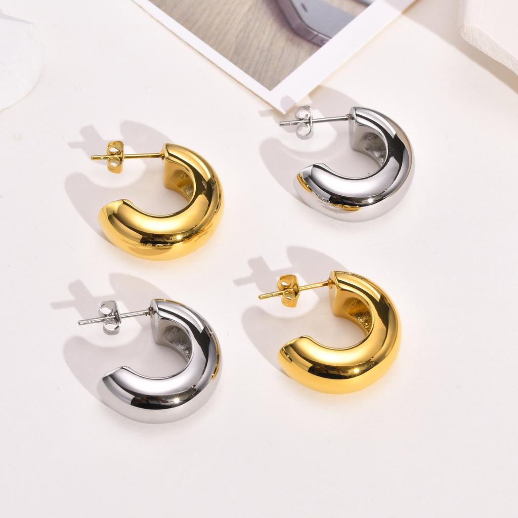 Thick Hoop Earring for Women, Chunky C-Shape Earrings Stainless Steel Open Hoops