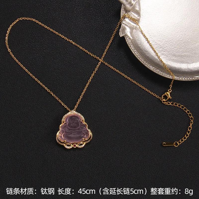 Vintage Maitreya Buddha  Imitation Grandmother Green Jade Lotus Zircon Light Luxury Fashion Accessory Lucky Ruyi Necklace