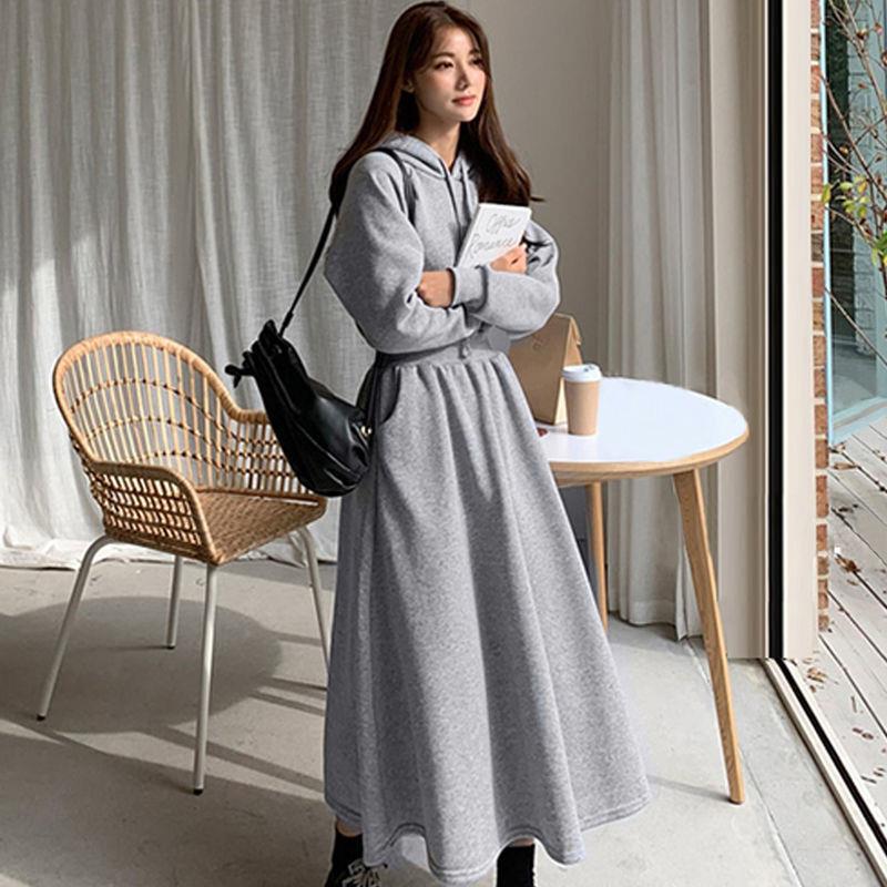 Korean Style Plus Size Hooded Sweatshirt Dress - Solid Color, Slimming Waist, Autumn/Winter Wear for Women