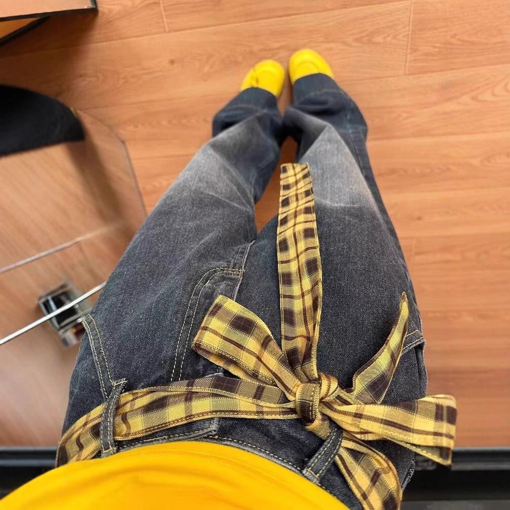Petite Spicy Girl Retro Yellow Plaid Wide-Leg Patchwork Jeans