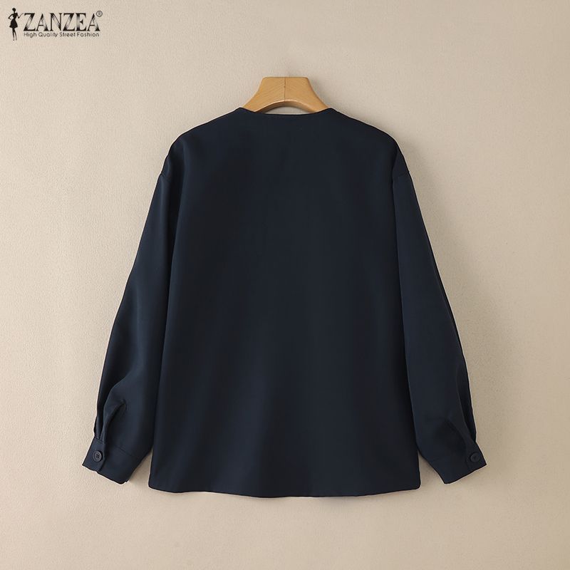 ZANZEA Women Casual Round Neck Solid Color Long Sleeve Blouse