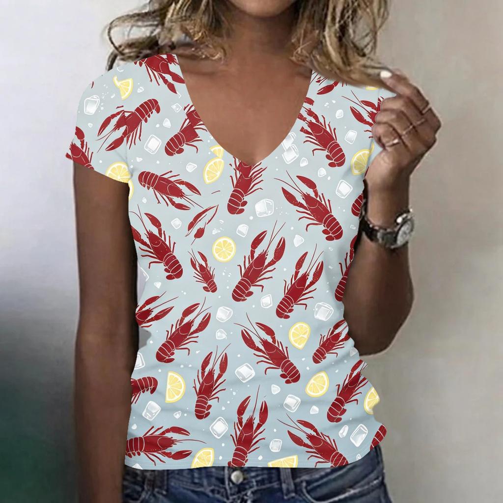 Women Casual V Neck Short Sleeve Top Lobster Print Lightweight Soft Fabric Summer Shirt for Daily Wear