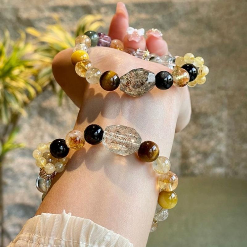 New Crystal Bracelet with Black Gold, Ultra-flexible Tiger Eye Stone, Golden Rutilated Quartz, Green Phantom Quartz, and Multi-gemstone Crystal
