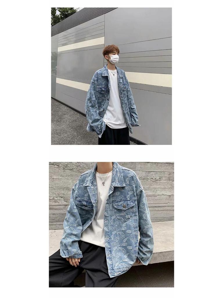 Men's Autumn Korean Style Distressed Denim Jacket - Jacquard, Loose Fit, Casual, Handsome, Plus Size.