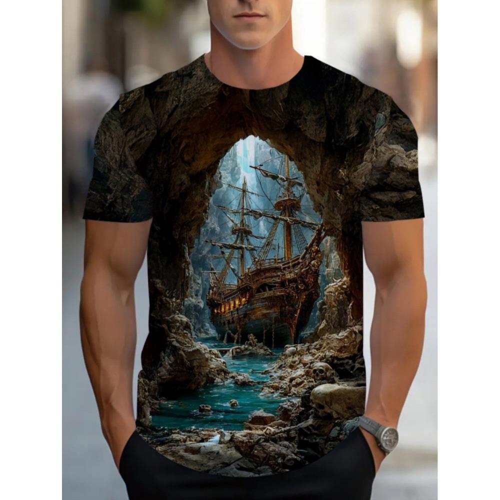 Vintage Sailboat Print Men T-Shirt Short Sleeve O-Neck Breathable Casual Fashion Oversized Tees Streetwear Men's Clothing