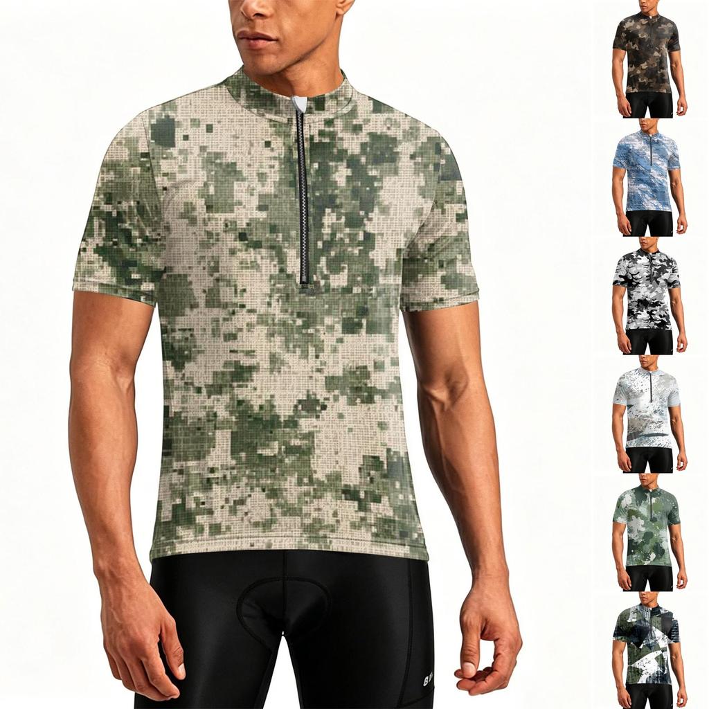 Herren Crew-Neck Bedrucktes Reißverschluss Atmungsaktives Schnelltrocknendes Kurzarm-Radtrikot für Outdoor-Sportarten und Straßenfahrten