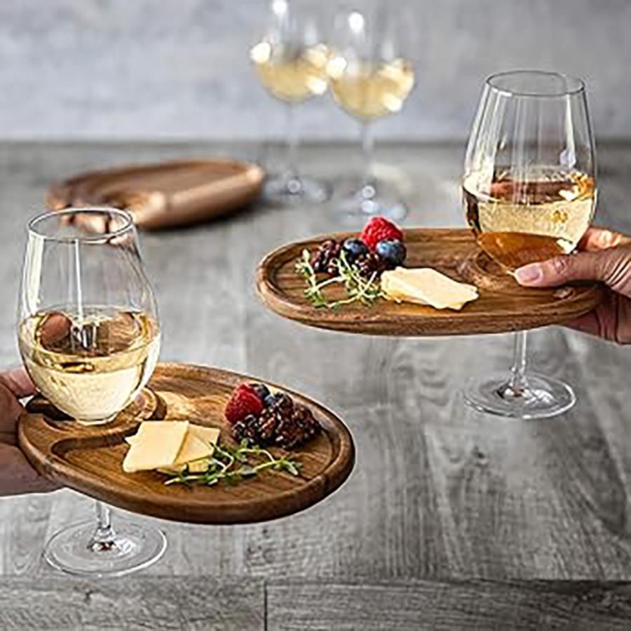 Wood Appetizer Plates Set of 4 Acacia Wood Appetizer Plates Wooden Cocktail Appetizer Plates with Wine Glass Holder Cheese Board