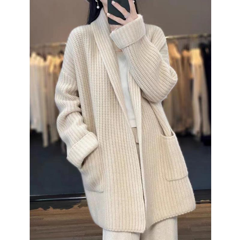 Korean Style Thick Yarn Plus Size Cardigan - Autumn/Winter Women's Trendy Mid-Length Loose Knit Outerwear
