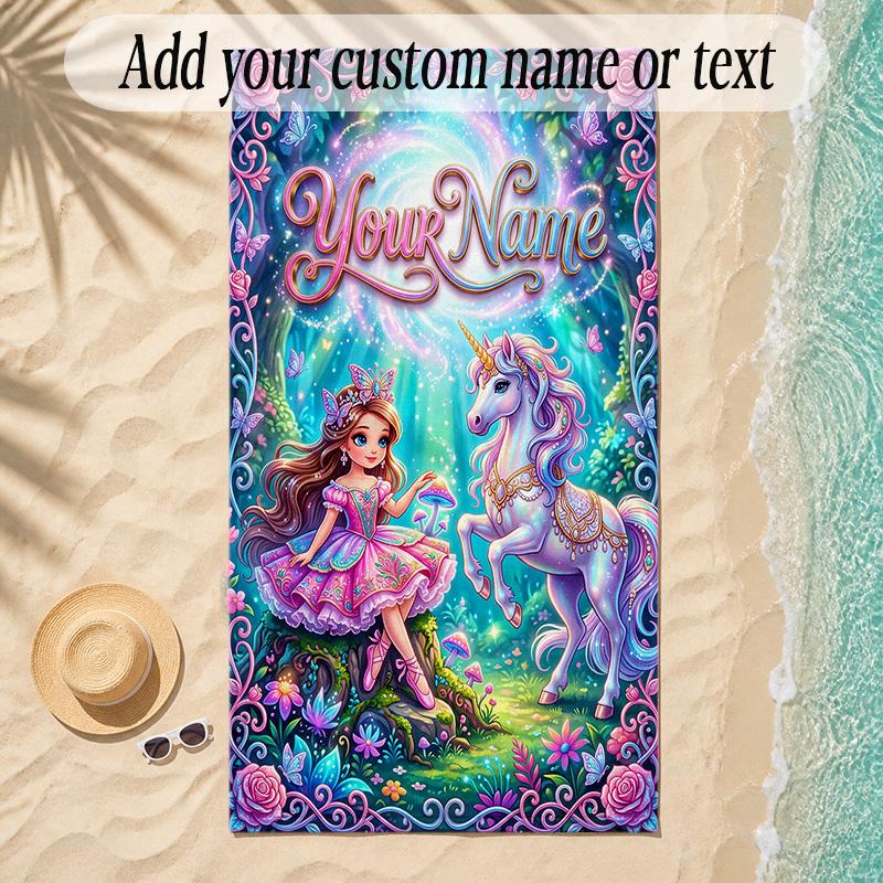 Unicorn Theme Soft Beach Towel Personalized Custom Name Text Towel Portable for Beach Pool Travel