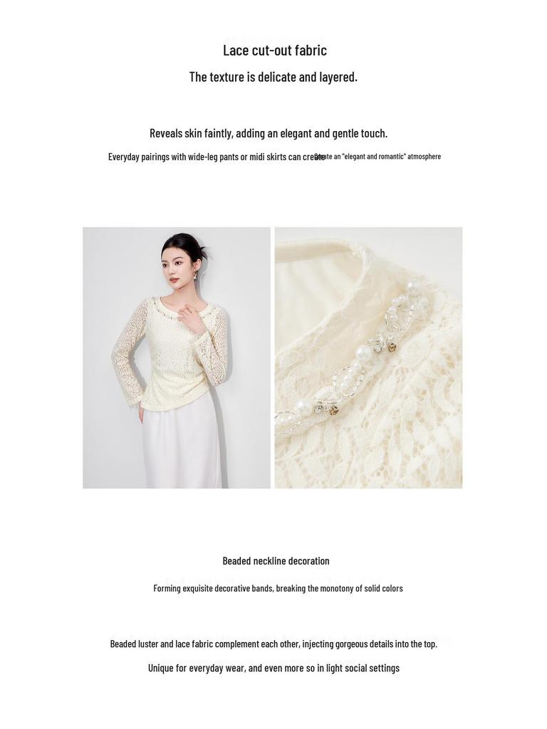 Nanyou Elegantes Französisches Ein-Schulter Perlen-Spitzen-T-Shirt