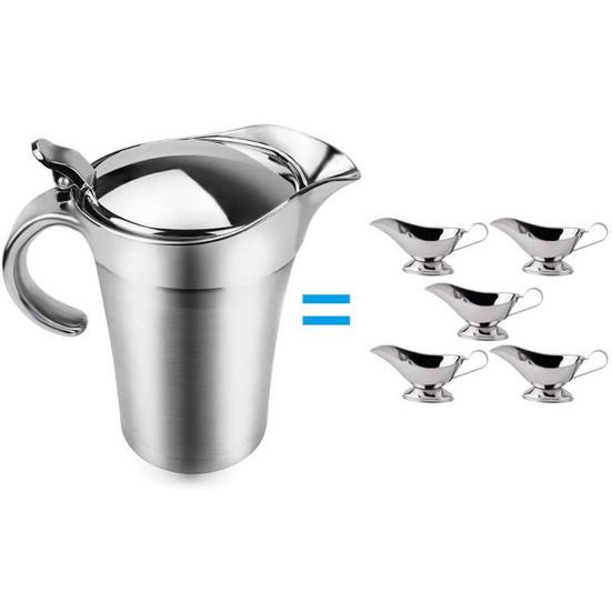 500/750ML Sauce Pot with Lid & Handle Leak-proof Double Insulated Gravy Boat Food Grade Stainless Steel Gravy
