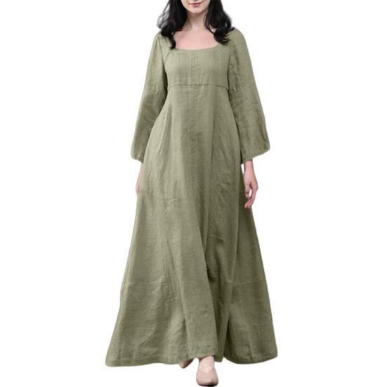 

Retro Women O Neck Long Sleeve Solid Color Large Hem Cotton Linen Maxi Dress 4XL