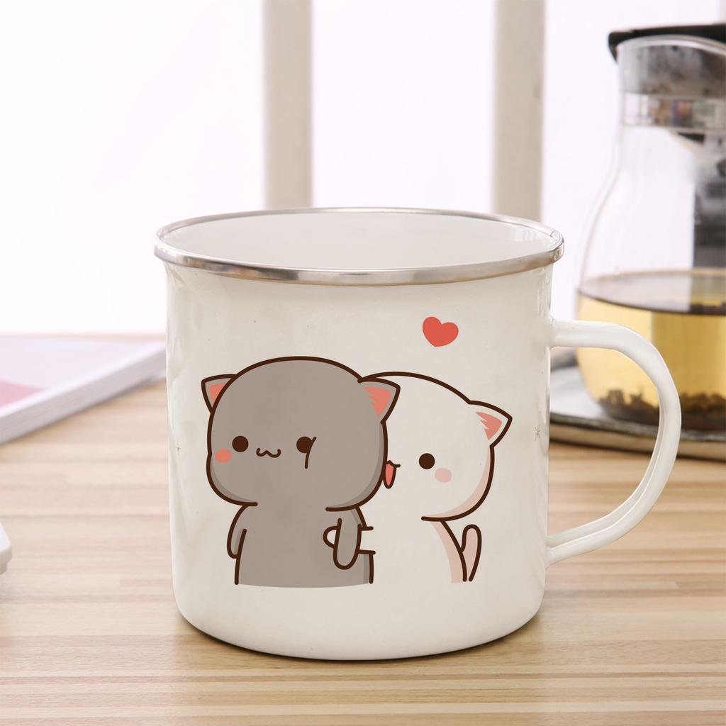 Peach and Goma Cat Enamel Coffee Tea Cup Cute Animal Breakfast Dessert Milk Water Cup Couple Gift