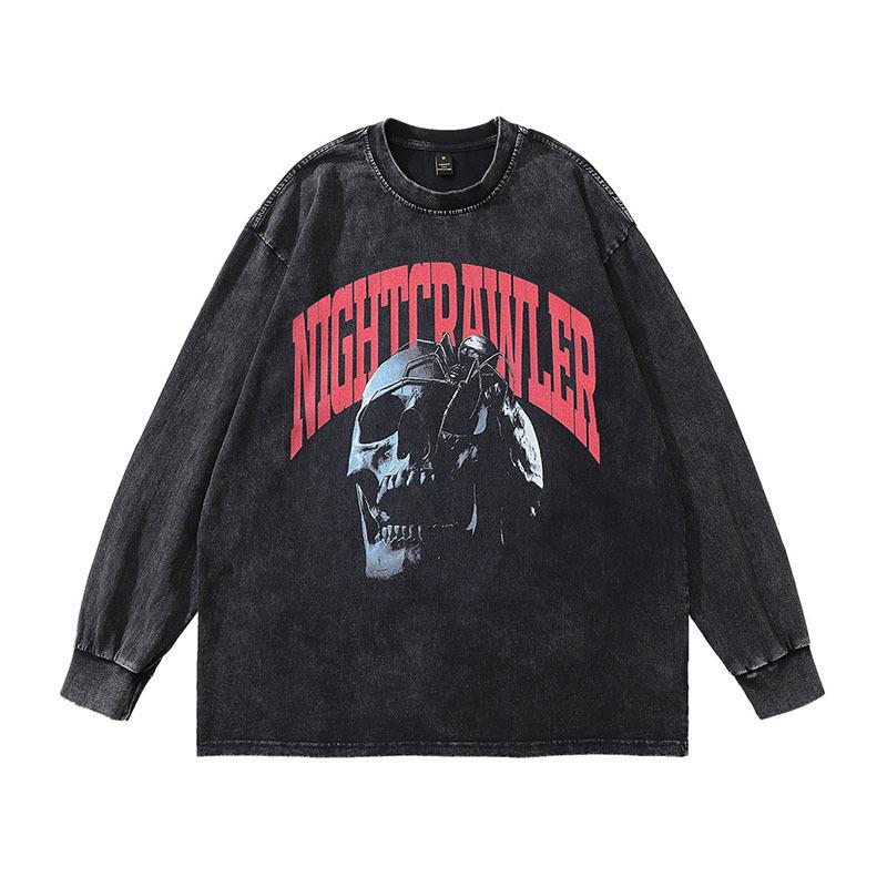 American Retro Printed Long-Sleeved T-Shirt Ins High Street Trendy Brand Washed Old Men'S Oversize Bottoming Top