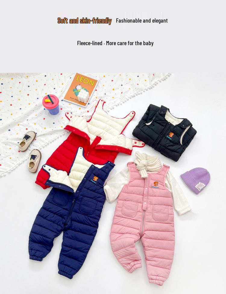 2026 Winter Unisex Baby Overalls, Down Cotton Fleece Lined, Thickened Open Crotch One-Piece Pants