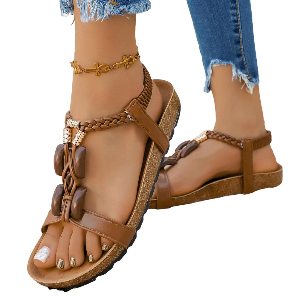 Women Flat Sandals Summer Casual Bohemian Style Elastic Backstrap Beach Shoes Lightweight Comfortable Walking Footwear