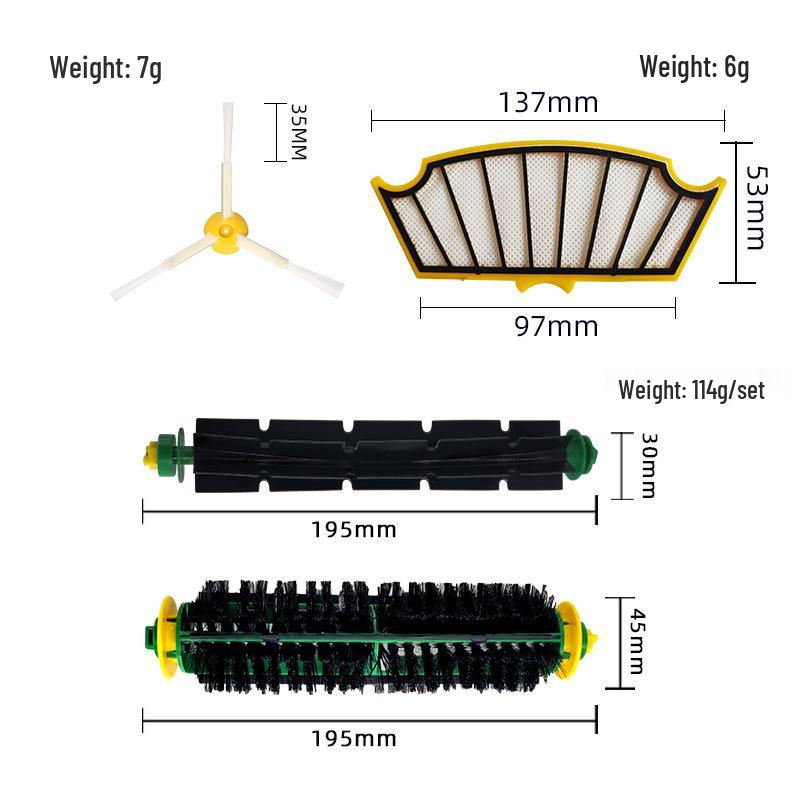 Kompatibles Zubehör für die iRobot Roomba 500-Serie: Rollenbürste, Hauptbürste, Seitenbürsten, Filtersieb, Filterelement.