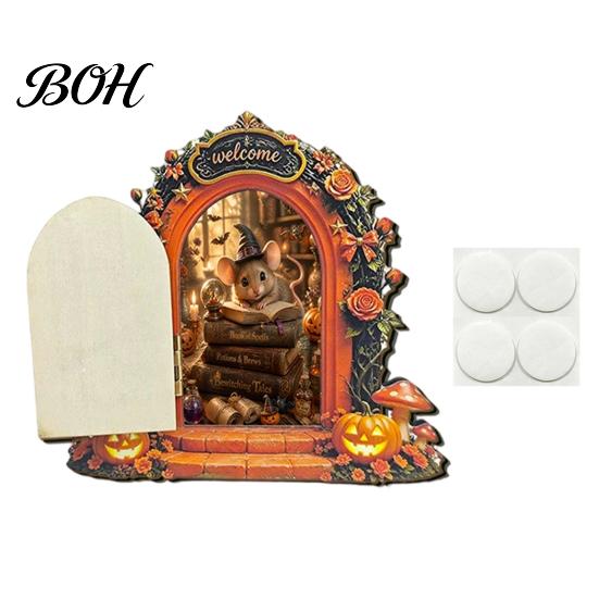 Openable Miniature Door Ornament Halloween Mouse Hole Wall Decoration, Retro Arched Fairy with Pumpkin Tale Garden & Flower Decor, for Holiday