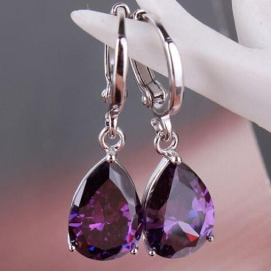 Elegant Women's Purple Rhinestone Water Drops Leverback Dangle Earrings Gift
