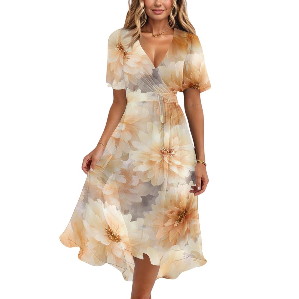 Women's Fashion Casual V Neck Short Sleeve Ruffled Vintage Printed Dresses