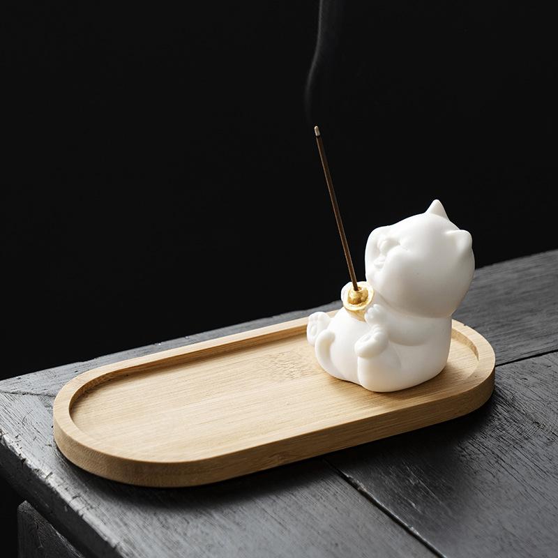Cute Cat Incense Burner Stick Holder Mini Lovely Cat Incense Burner With Bamboo Mat Home Decor Tea Pet Tea Ceremony Accessories