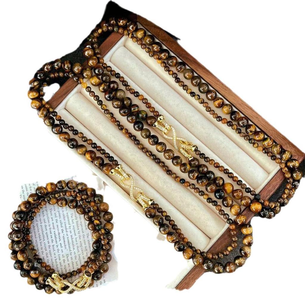 Boutique retro autumn and winter Maillard natural tiger's eye stone removable variety of wearing necklaces sweater chains