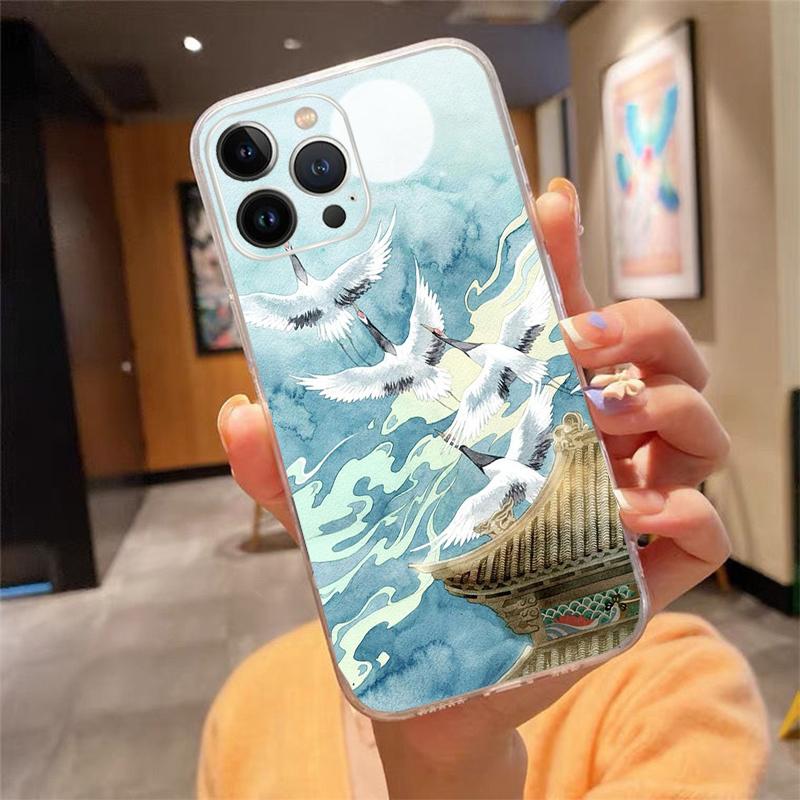 Phone Case For iphone 17 Air 17 Pro Max 16 15 14 13 Pro Max 15 16 Pro 15Plus Japanese style Art Crane Fuji Mountain