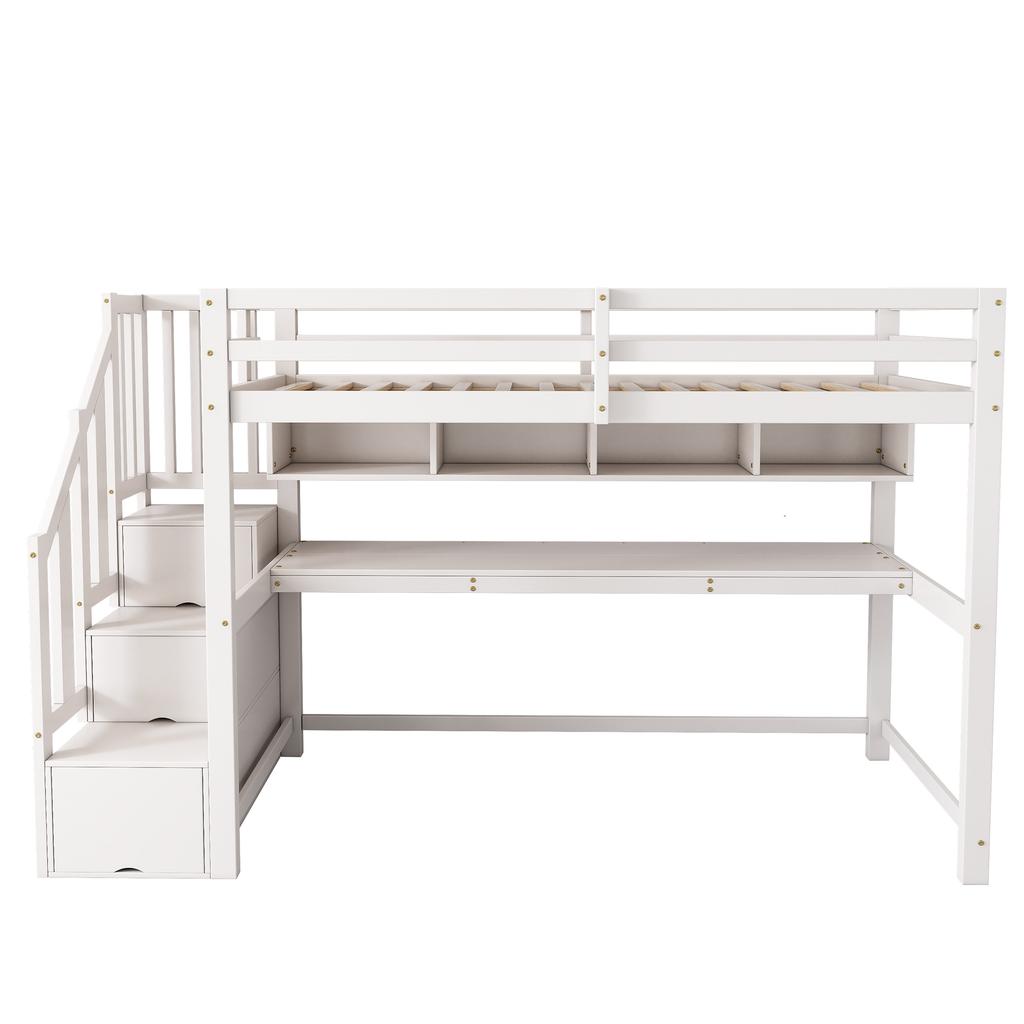 Children's Loft Bed with Storage Staircase 90*200cm, Solid Wood+MDF, Bunk Bed with Large Desk and Shelves, Environmentally Friendly Colors, White