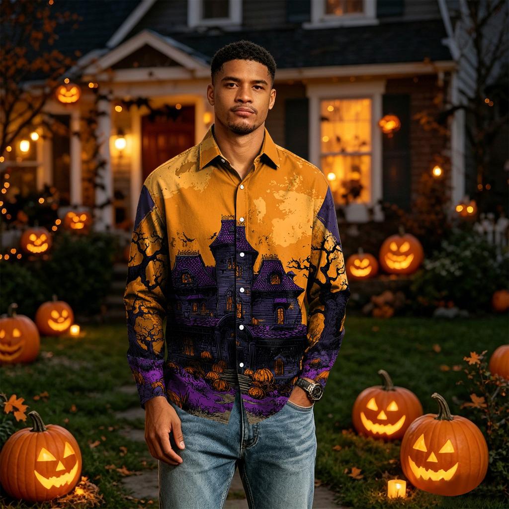 Men's Long Sleeve Button Down Halloween Print Shirt