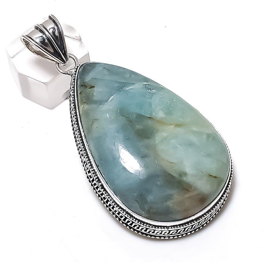 Aquamarine Gemstone Handmade 925 Sterling Silver Jewelry Pendant 2.76" y1S65