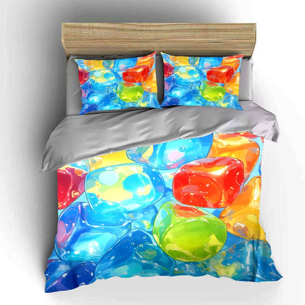 Colorful Decorative Ice Cube Set Soft Skin-Friendly Bedding Set Includes 1 Duvet Cover And 2 Pillowcase Gift