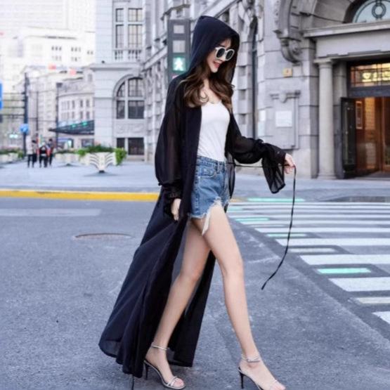 Hooded Beach Print Chiffon Cardigan for Women – Flowy, Breathable, Sun Protection Cape