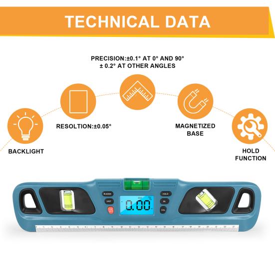 HW-200 Digital Level 360 Degree Horizontal Calibration Electric Widely Used LTD Backlight Spirit Level for Machinery Manufacturing ciano