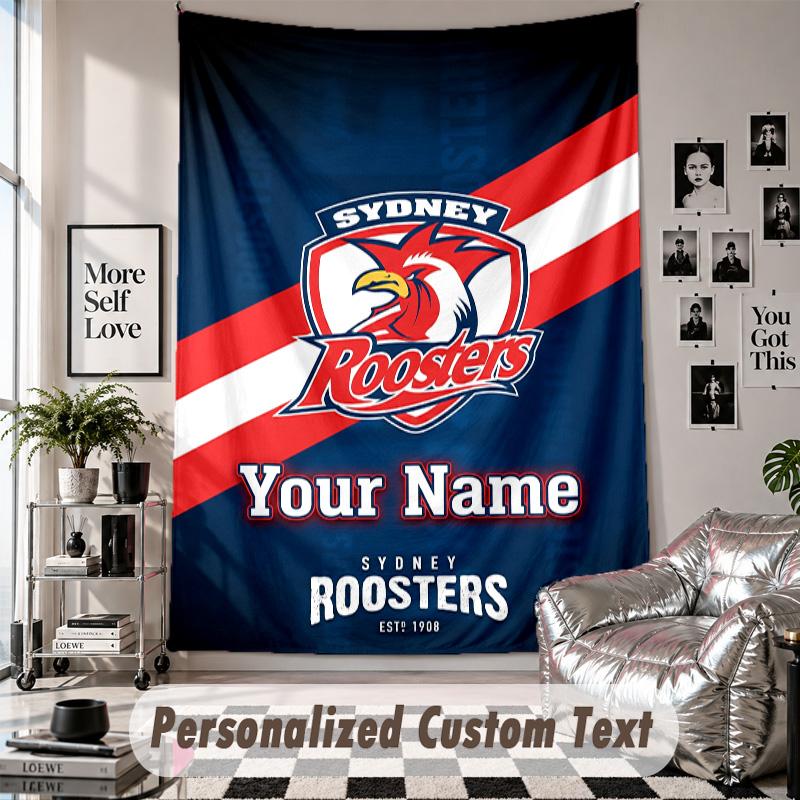 Wall Hanging Tapestry With Custom Name & Text, Sydney Roosters Decorative Tapestry For Bedroom