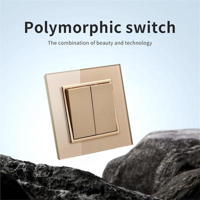 Luxury Crystal Tempered Glass Panel Gold Wall Switch Flame Retardant 2 Gang 1 Way Wall Rocker Switch On / Off WESA