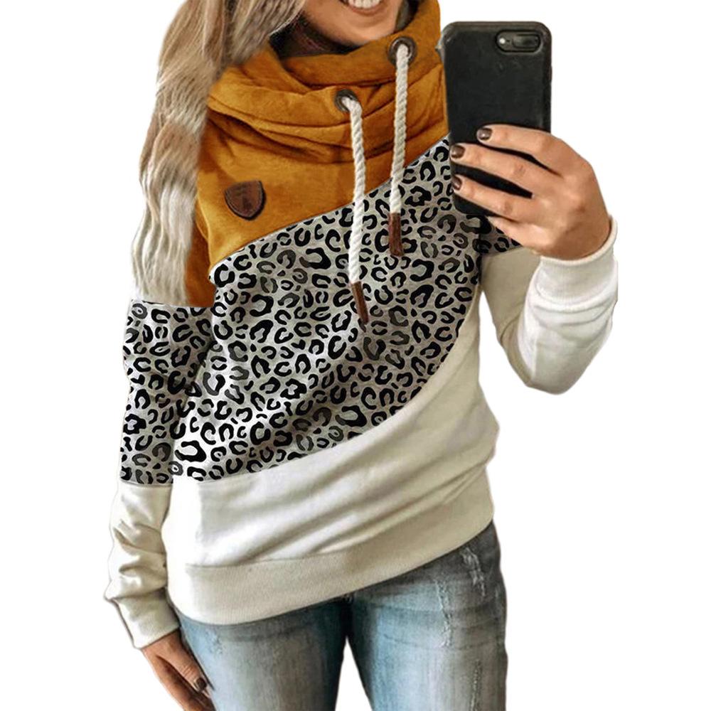 Frauen Leopardenmuster Patchwork Hoodie Kordelzug Rollkragen Kapuzenpullover Sweatshirt