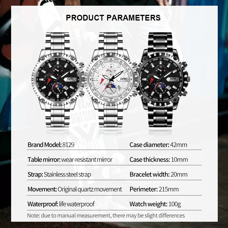 OPK 8129 Fashion Quartz Wristwatch for Man Calendar Luminous 24 Hour Moon Phase Steel Strap Waterproof Classic Men Watch